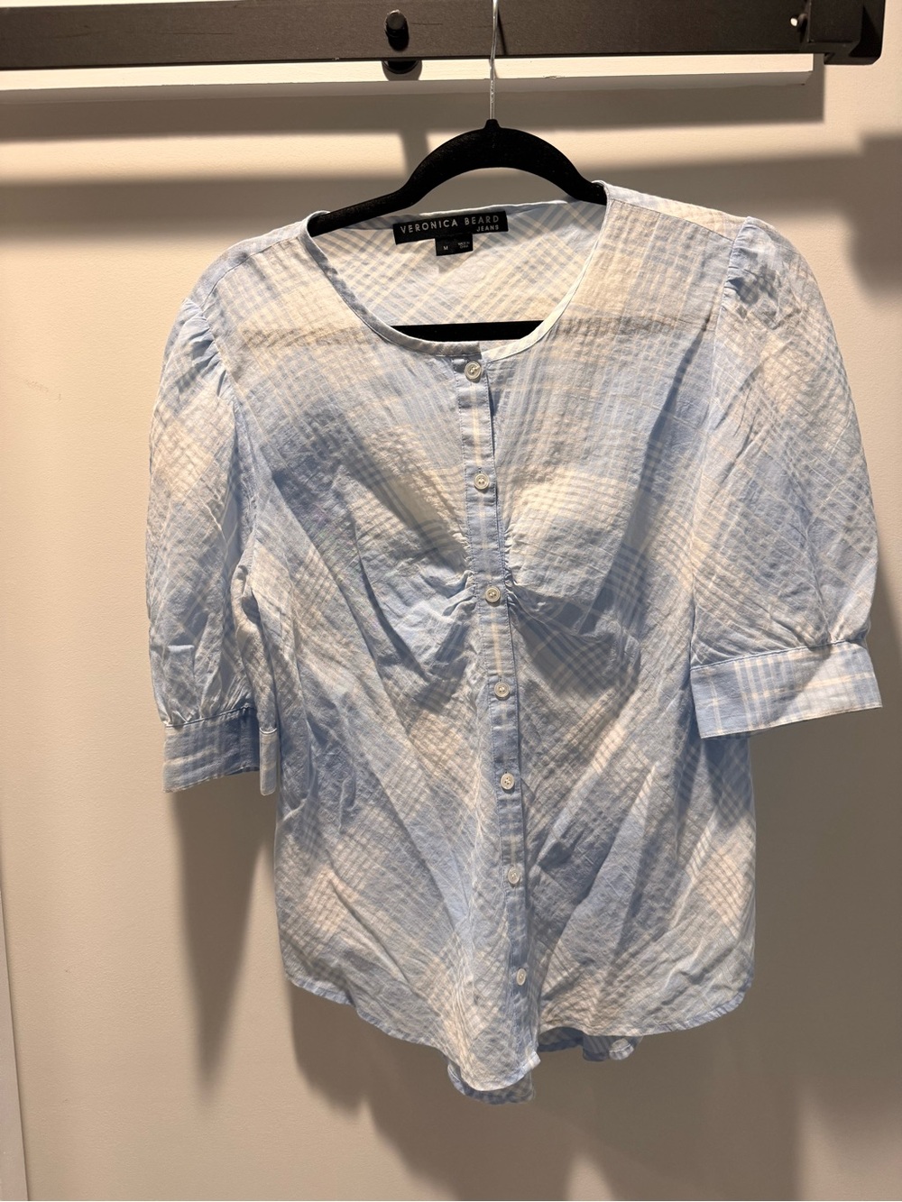 Veronica Beard Jeans Pale Blue Textured Button-Down Puff Sleeve Blouse M